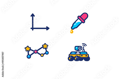 A set of four science and technology icons featuring a coordinate