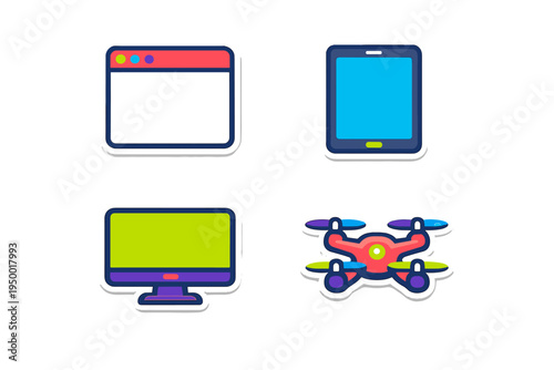A set of four colorful technology icons in a flat sticker style