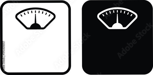 Analog weighing scale icon set in outline and silhouette styles, modern vector illustration symbolizing measurement, balance, precision, fitness, and industrial design concepts.