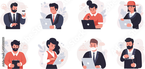 Diverse people engaged in various professional activities, many with laptops