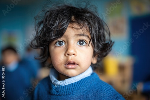 Young child with dark curly hair looking with wide innocent eyes in a classroom setting