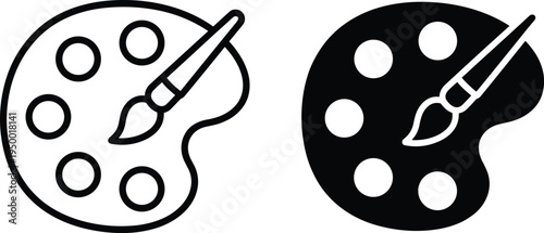 Artist palette and paintbrush icons in outlined and solid black design, symbolizing creativity, painting, art tools, and modern graphic concept illustration.