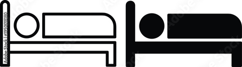 Bed icons in outlined and solid black design, featuring person silhouette, symbolizing sleep, rest, accommodation, hotel, hospital, and modern graphic concept art.