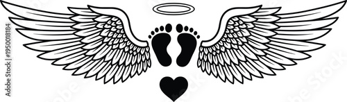 Black and white angel wings with baby footprints, halo, and heart symbol representing innocence, memorial remembrance, love, protection, and spirituality