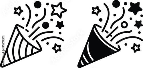 Celebration party popper icons with outlined and solid black designs, bursting confetti, stars, and streamers, symbolizing joy, festivity, excitement, and modern graphic art.