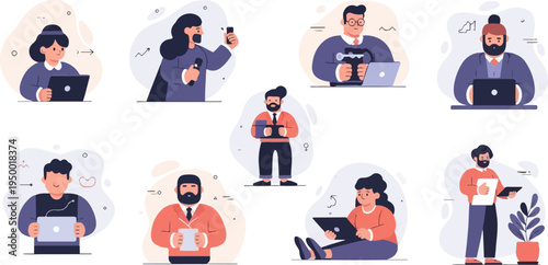 Diverse people engaged in various tasks with laptops and phones