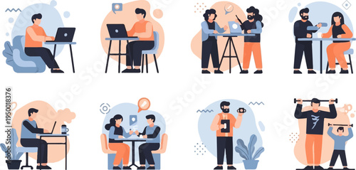 Diverse people engaged in various activities, including work and leisure