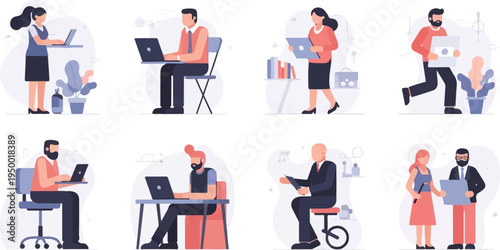 Diverse people engaged in various work activities, utilizing technology