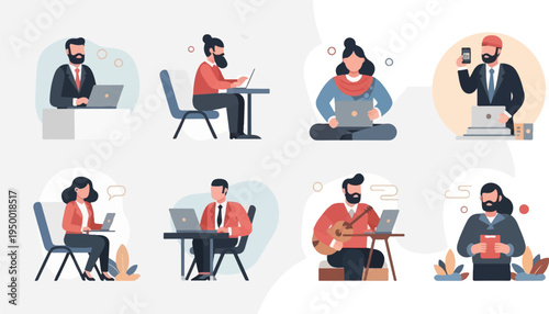 Diverse people engaged in various work and leisure activities with technology (1)