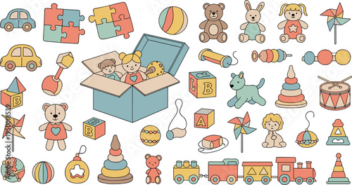 Cartoon Baby Toys Collection with Open Toy Box Teddy Bear Blocks Train Puzzle Pieces Rattle Drum and Nursery Playroom Objects