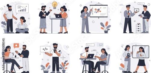Flat design illustrations of people collaborating in various work scenarios