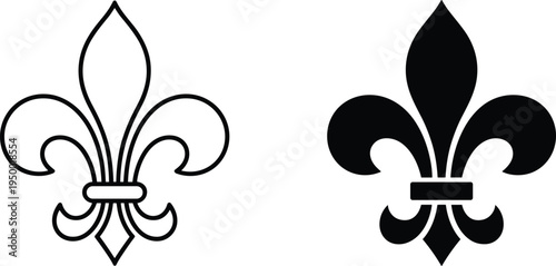 Classic fleur-de-lis symbols in outlined and solid black design, representing heritage, royalty, French culture, and decorative emblem art with historical and modern significance.