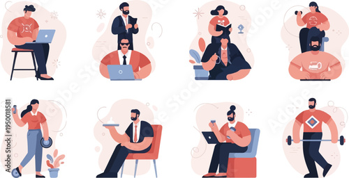 Diverse people engaged in various work, fitness, and leisure activities