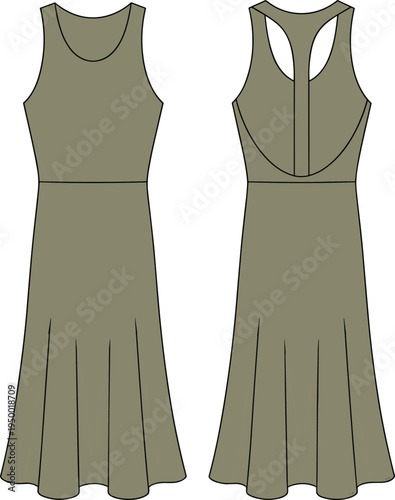 Cad drawing flat vector illustration of women’s sleeveless maxi dress, front and back view, fashion sketch, clothing design template
