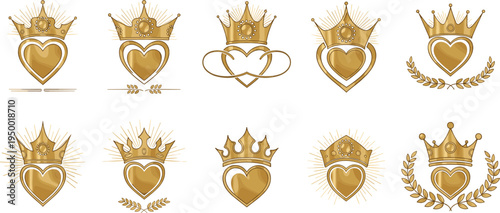 Golden crown heart royal emblem collection with laurel rays love luxury vector illustration set design