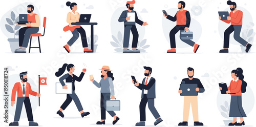 Diverse people engaged in work activities using laptops, phones, and documents