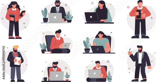 Diverse people engaged in work and communication with digital devices