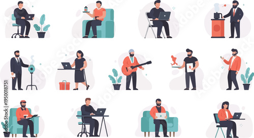 Diverse people in various work and leisure activities, some using laptops