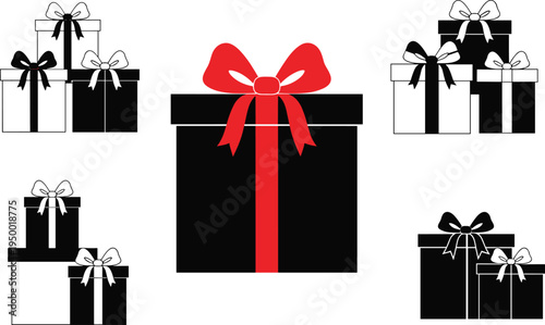 Black and white gift boxes with elegant bows, minimal present design featuring red ribbon, festive celebration illustration for holiday, Christmas, and special events