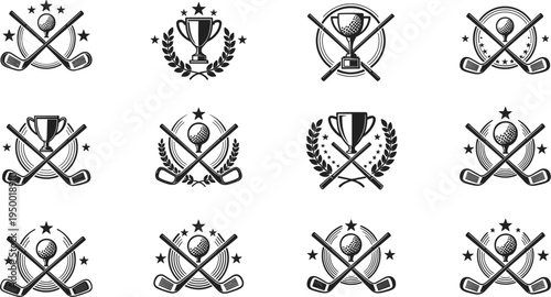Golf club emblem badge collection with crossed clubs trophy ball laurel wreath sport vector illustration set