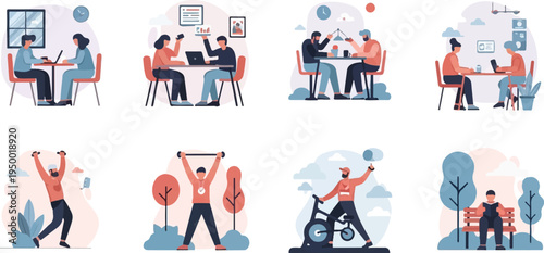 Diverse people engaged in work, exercise, and leisure activities in a modern flat style
