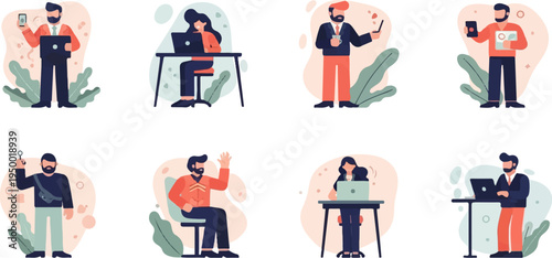 Diverse people interacting with technology and plants in a stylized flat design