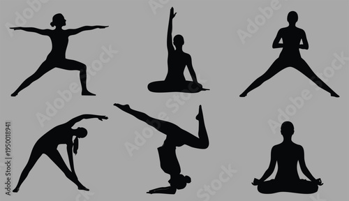 Vector silhouette collection of people doing various yoga and stretching poses, a set of six isolated exercises.