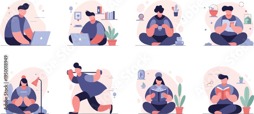 Flat design illustrations of people engaged in various activities