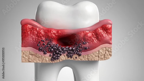 Gingival Inflammation Concept '96 semi-realistic cross-sectional render of tooth and surrounding gum tissue, inner layers revealed with deepened periodontal pocket and darker bacterial