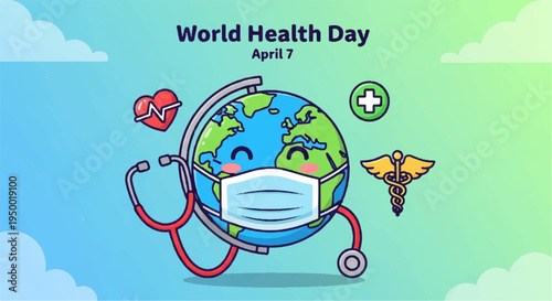 World health day globe wearing medical face mask with stethoscope and symbols on blue green background