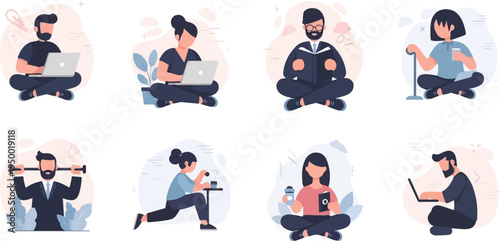 Flat design illustrations of people engaged in various activities like working, reading, and exercising