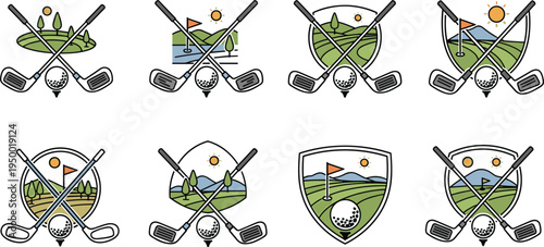 Golf course landscape emblem set with crossed clubs ball flag sun hills sport vector illustration collection