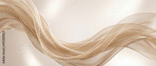 Soft transparent beige fabric forming smooth flowing curves with subtle sparkling texture on a clean light background. Minimal abstract backdrop for elegant modern design use.
