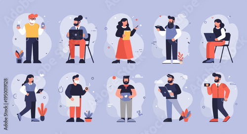 Diverse people using laptops, tablets, and phones, engaged in work