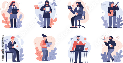 Diverse people engaging in various activities, from work to leisure and creative pursuits