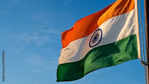 Waving indian flag on pole against blue sky. Saffron white and green stripes with ashoka chakra emblem. Animated patriotic symbol for national pride independence and republic day celebrations