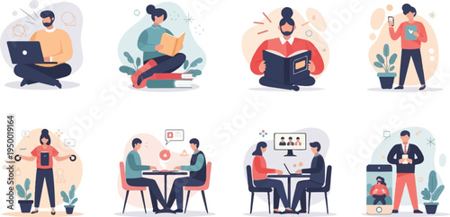 Diverse people engaged in various modern activities like working, reading, and communicating