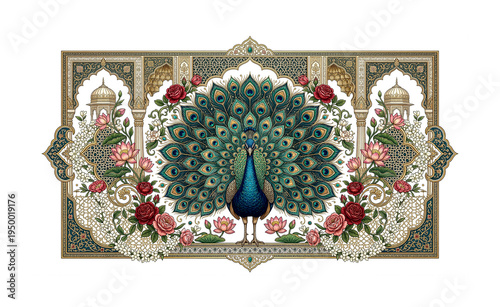 An ornate vintage style peacock illustration framed by floral patterns and architectural details on transparent background high-quality professional detailed
