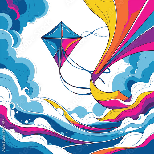  Bold line art illustration of a kite flying with ribbon tail forming waves, colorful minimal sky concept, thick vector lines, bright palette, white background 1