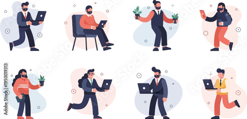 Diverse people using technology and plants in stylized flat illustrations