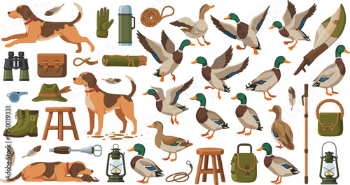 Cartoon Duck Hunting Collection with Hunter Dog Flying Mallards Decoy Birds Shotgun Backpack Boots and Outdoor Equipment Vector Illustration