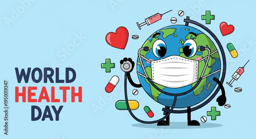 World health day globe character wearing face mask with medical symbols around it on blue background