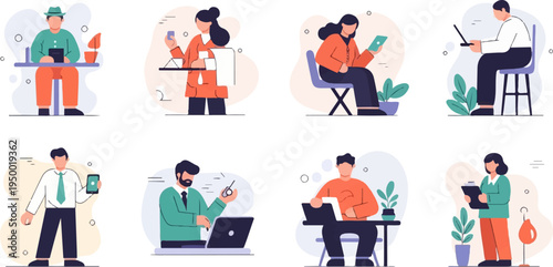 Diverse people using technology in everyday settings, some indoors and some outdoors