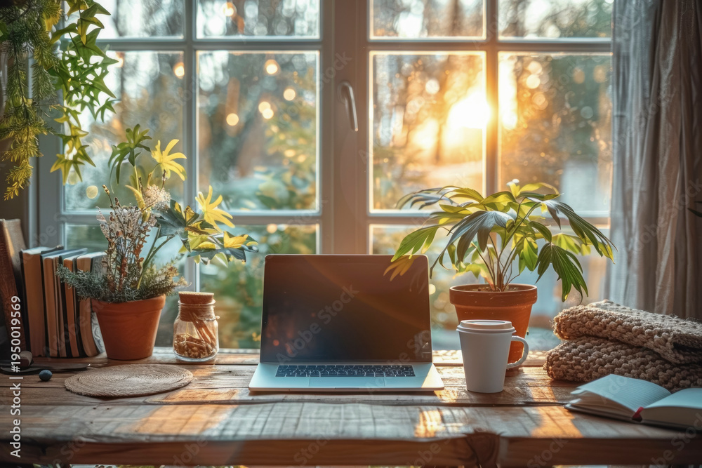 Fototapeta premium Cozy home workspace with laptop on rustic wooden desk surrounded by plants warm lights and autumn garden view through window Generative AI