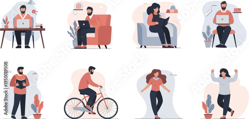 Diverse people engaged in various activities working, reading, cycling, and celebrating