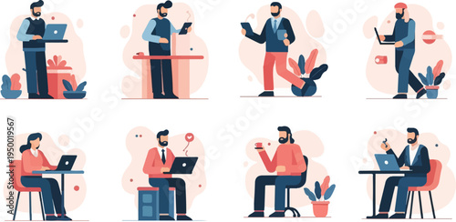 Diverse people work and relax with technology and plants in stylized flat art