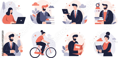 Flat design illustrations of people engaged in work, study, and leisure