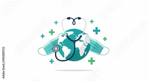 Global healthcare concept with stethoscope wrapped around earth medical symbols and doctor's cap on white background