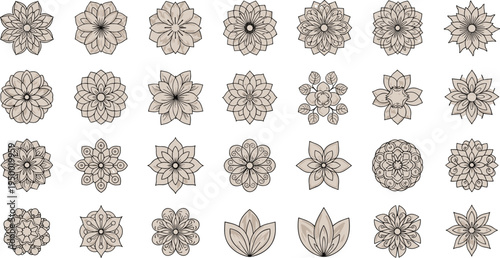 Hand drawn floral mandala flower collection with botanical ornament decorative vector illustration set for design elements
