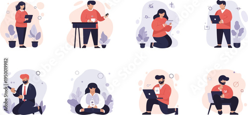 Flat design illustrations of people interacting with technology and nature